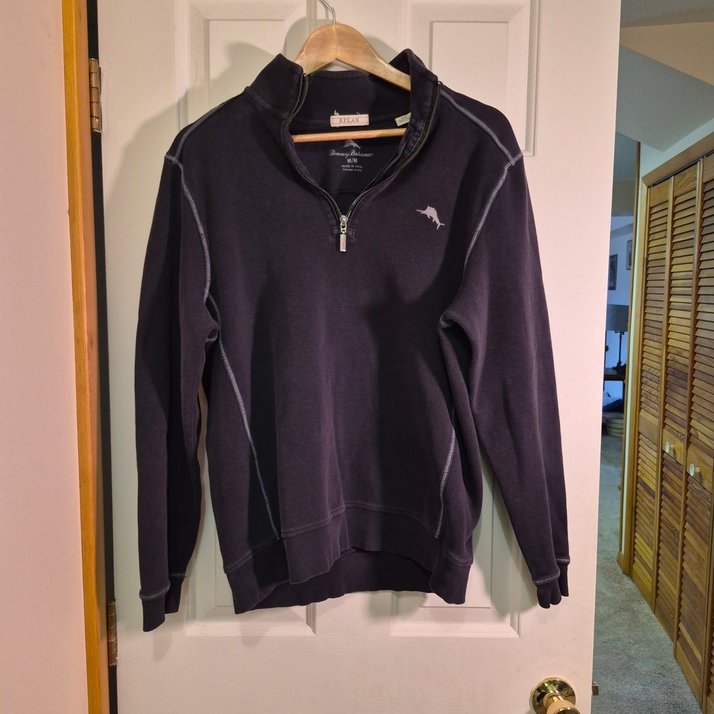 Tommy Bahama Relax Mens M Navy Blue 100% Cotton Quarter Zip Pullover‎ Sweater